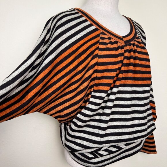 PATTERN Brown Orange & Oatmeal Striped V-Neck Dolman 3/4 Sleeve Top w/Pockets L - Picture 6 of 11